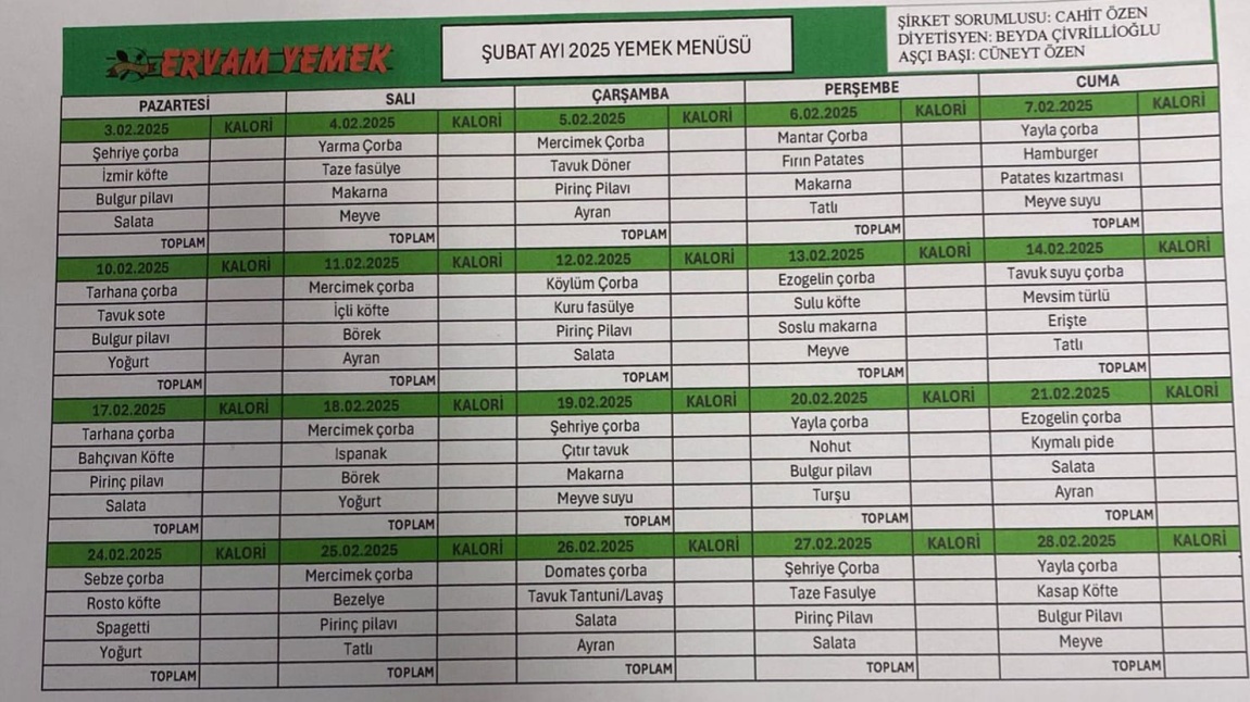 Şubat 2025 Yemek Listesi